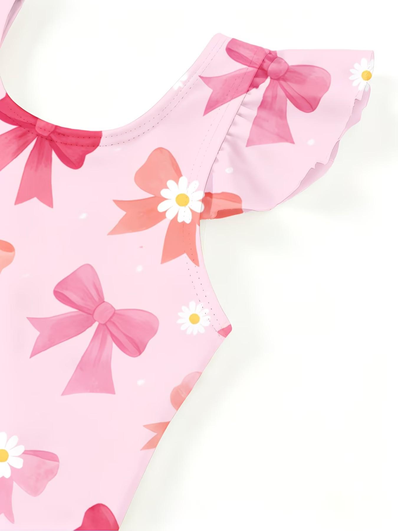 Bowknot Print Girls' Jumpsuit, Cute Cartoon Pattern, Ruffled Quick-Dry Kids Swimwear, Fashion Swimsuit for Beach Parties