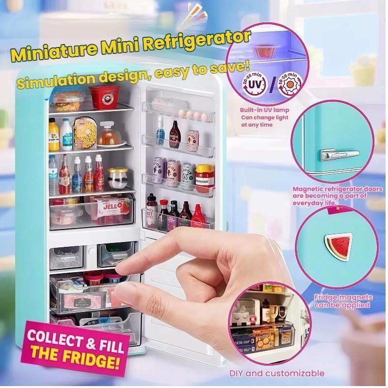 Mini Fridge Set with Miniature Food Models, UV Light, DIY Design, Easy Storage, Perfect Gift for Friends and Lovers
