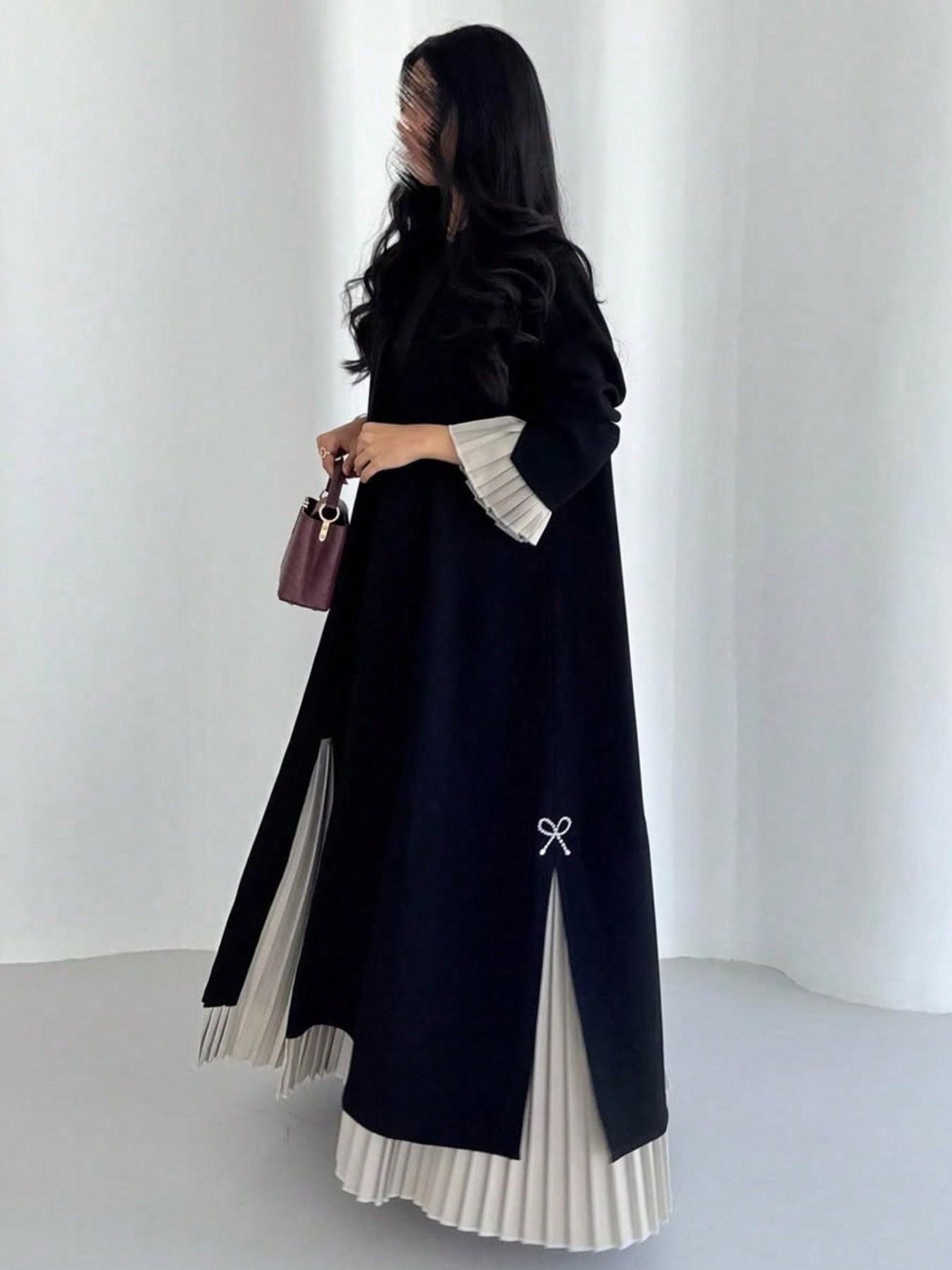 Commute Party Pleated Patchwork Abaya, Pearl Bow Loose Fit Long Outer Robe, Muslim Luxury Women's Clothing, All Seasons