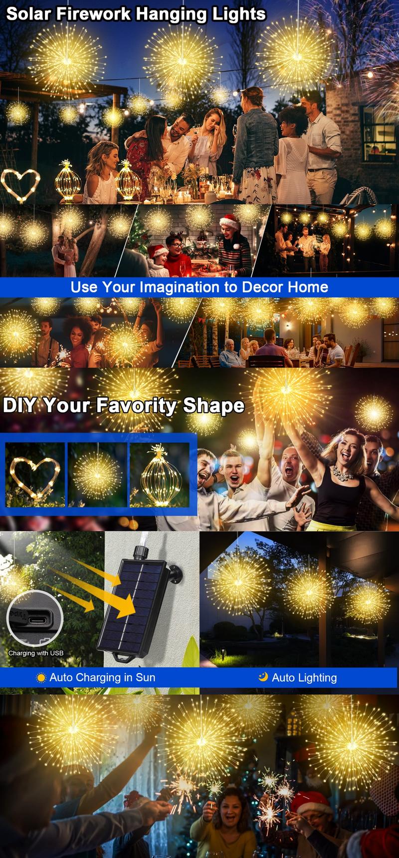 Solar Fireworks Hanging Lights 3 in 1,LED Outdoor Solar Lights with USBCharging,Suspended fireworks shaped light,8Modes Dimmable Waterproof Solar Fairy Light,Copper Wires Light for Gazebo Patio Party Wedding Decoration Garden Balcony