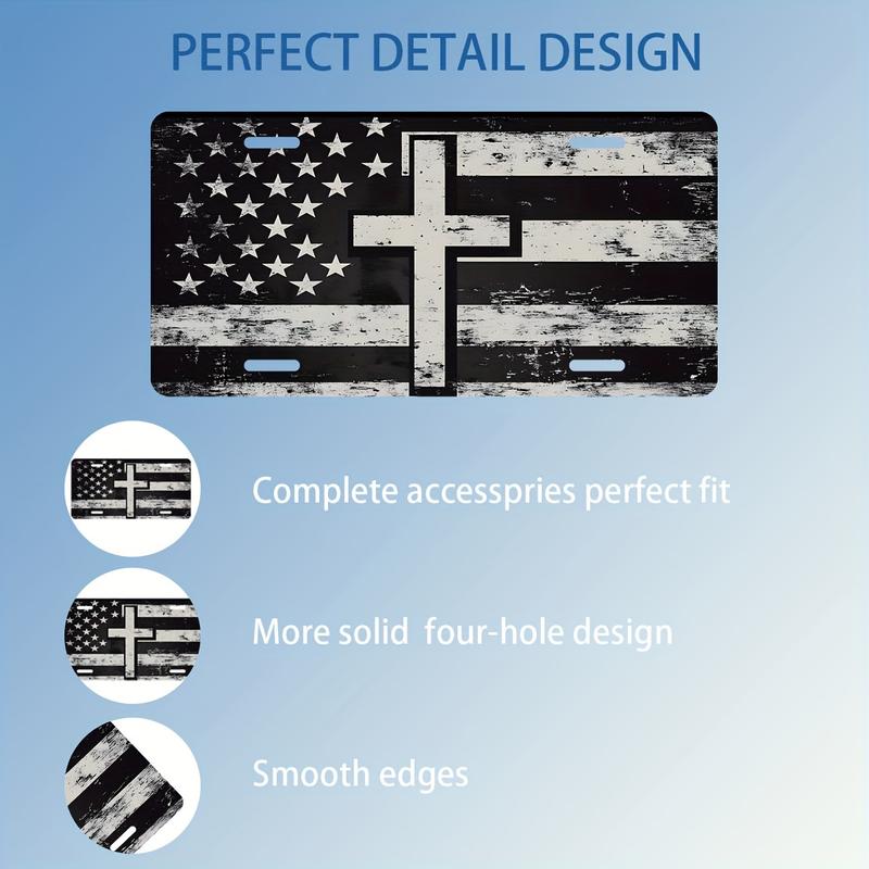 1PC 2D Flat Black and White Cross License Plate Cover and Frame with American Flag Floral Decoration Suitable for Any Standard Front License Plate Cover and Frame Iron Rust-Resistant Decoration 12inch x 6inch