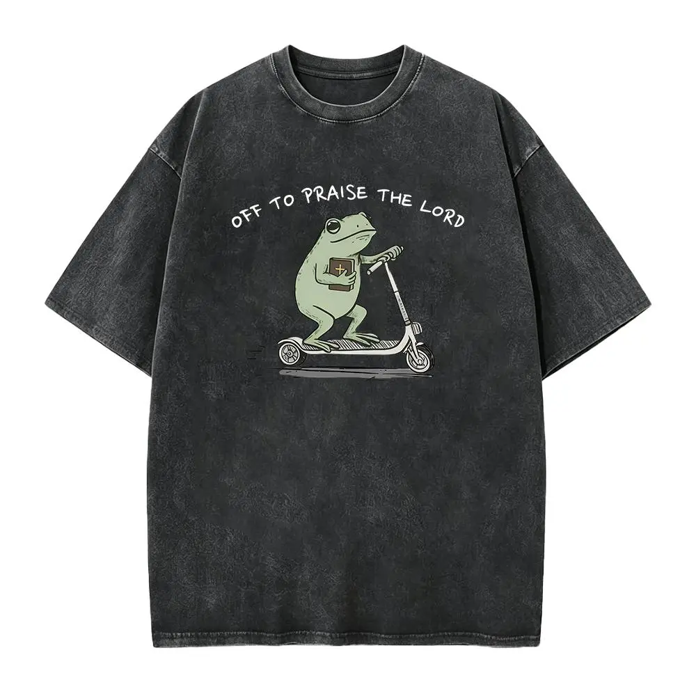 Men's Short-Sleeve Seamless Casual Graphic T-Shirt - Christian Funny Frog "Off To Praise The Lord" Top for Bible Study, Church