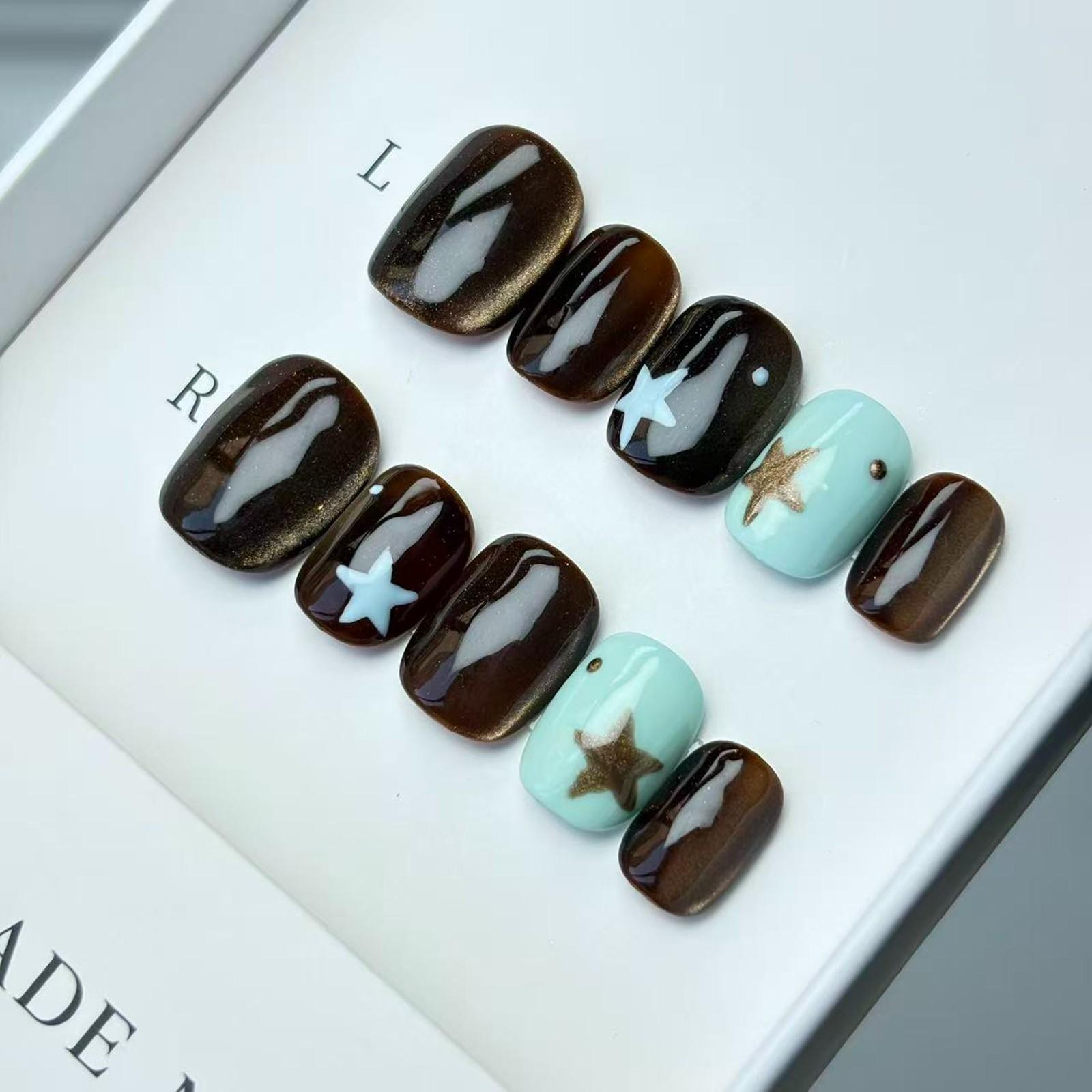 Luxury Nail Freedom! Coffee Cat Eye Star Press On Fake Nails, Get Baddie Nails In 5 Mins, No Salon Needed