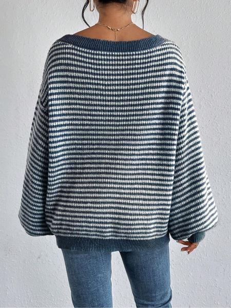 Women's Striped Drop-Shoulder Sweater, Casual Bishop Sleeve Boat Neck Jumper for Daily Outdoor Wear, Ladies Knitwear for All Seasons, Womenswear, Tops
