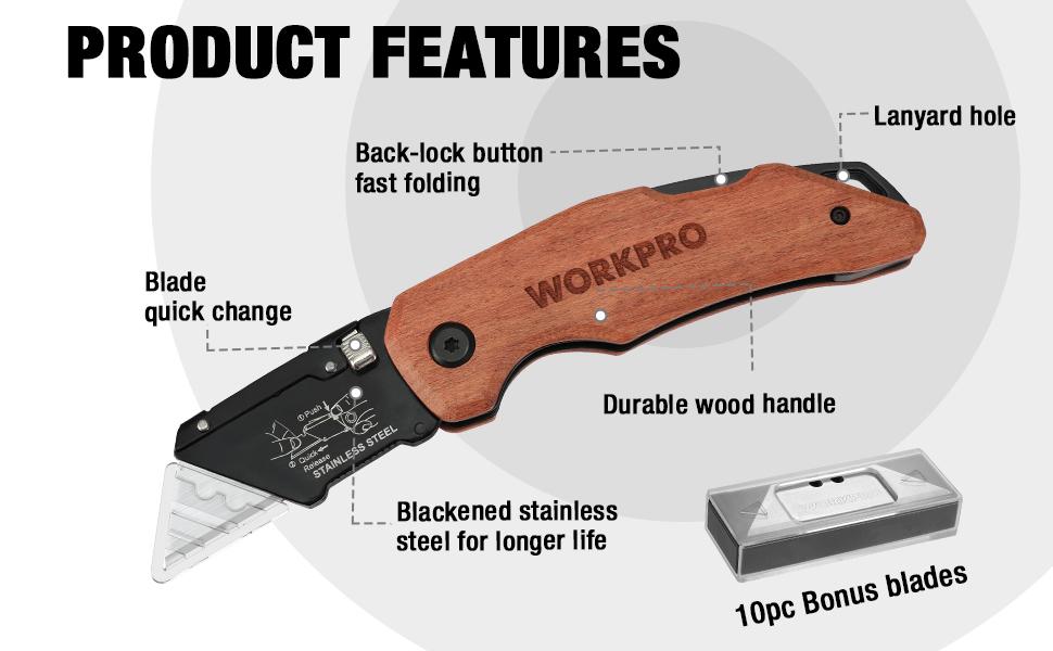 #SpringGlowUp WORKPRO Folding Utility Knife with Stainless Steel Head, Quick-change Blade & Back Lock, Wood Handle Heavy Duty Box Cutter, 1PC Razor Knife with Extra 10COUNT SK5 Blades #SpringGlowUp WORKPRO Folding Utility Knife with Stainless Steel Head, Quick-change Blade & Back Lock, Wood Handle Heavy Duty Box Cutter, 1PC Razor Knife with Extra 10COUNT SK5 Blades