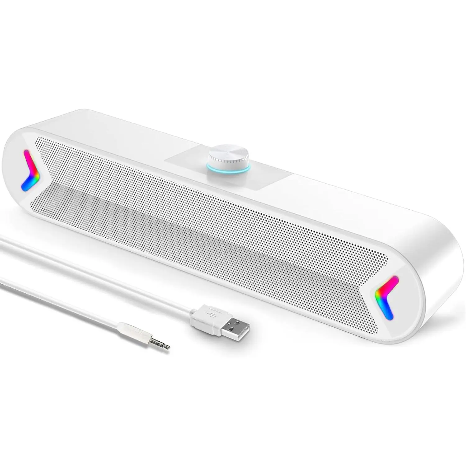 Gaming Computer Soundbar - 10W Stereo Sound Desktop Audio Speaker with Cable, Button, Colorful Lights, Wired USB-Powered, AUX, Plug-n-Play, White, Compatible with MP3