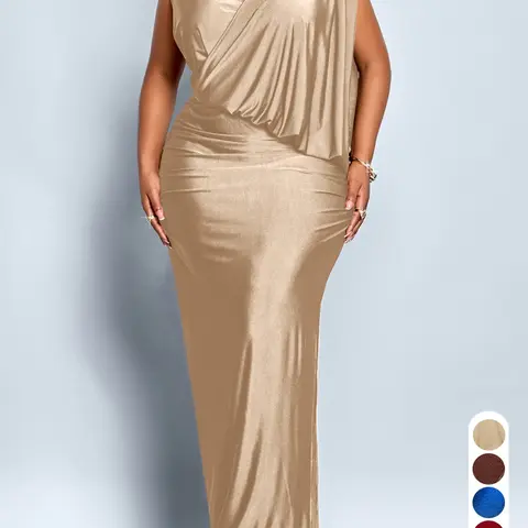 Summer Elegant Casual Women's Solid Color Plus Size Dress, Round Neck, Cross Fold High Waist, Split Bodycon Long Dress, Perfect for Outing, Dinner, Office