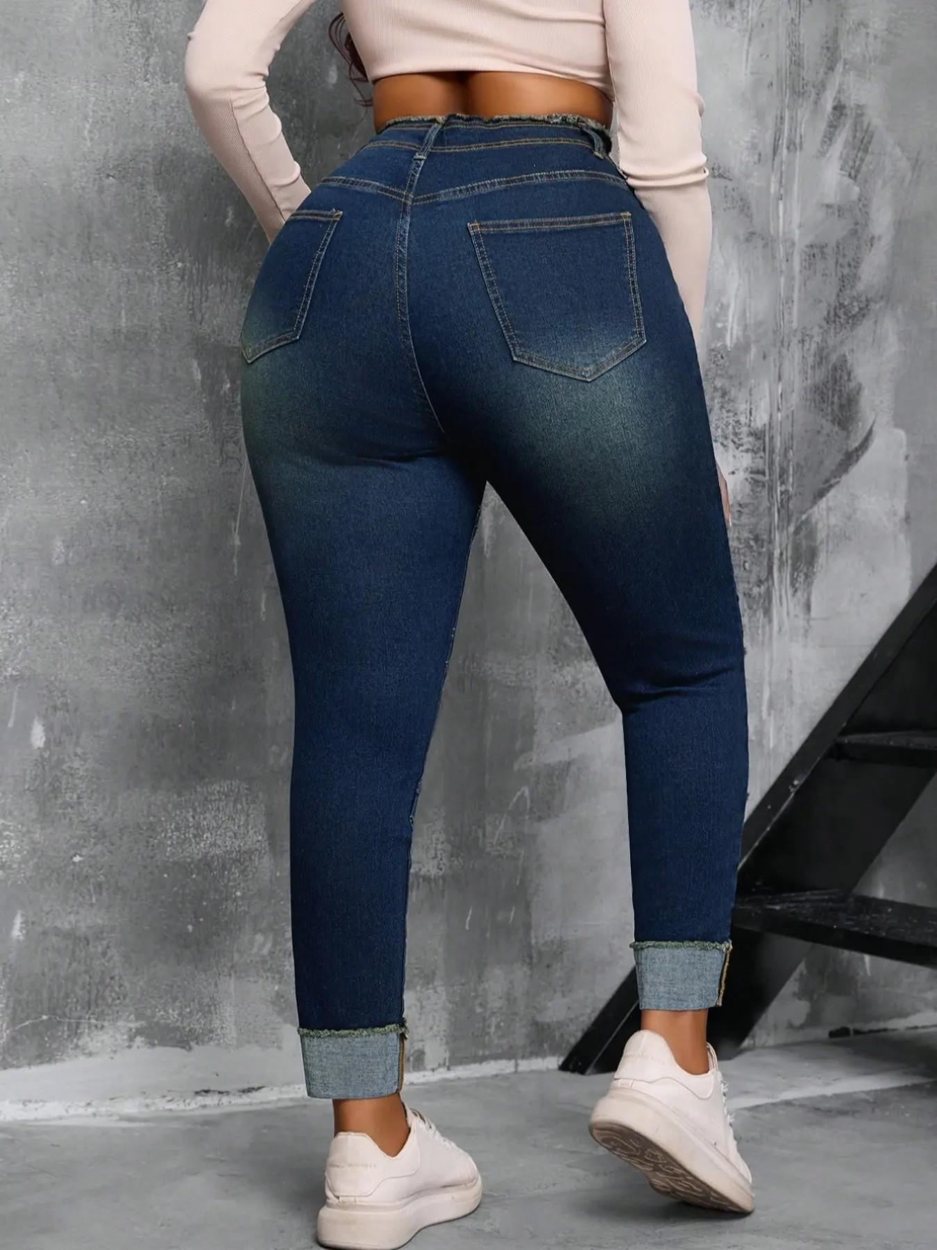 【Plus Size】 Raw Hem High Waist Dark Wash Stretchy Denim Jeans, Basic Comfy Slim-fitting Outfits Women's Bottoms for Summer