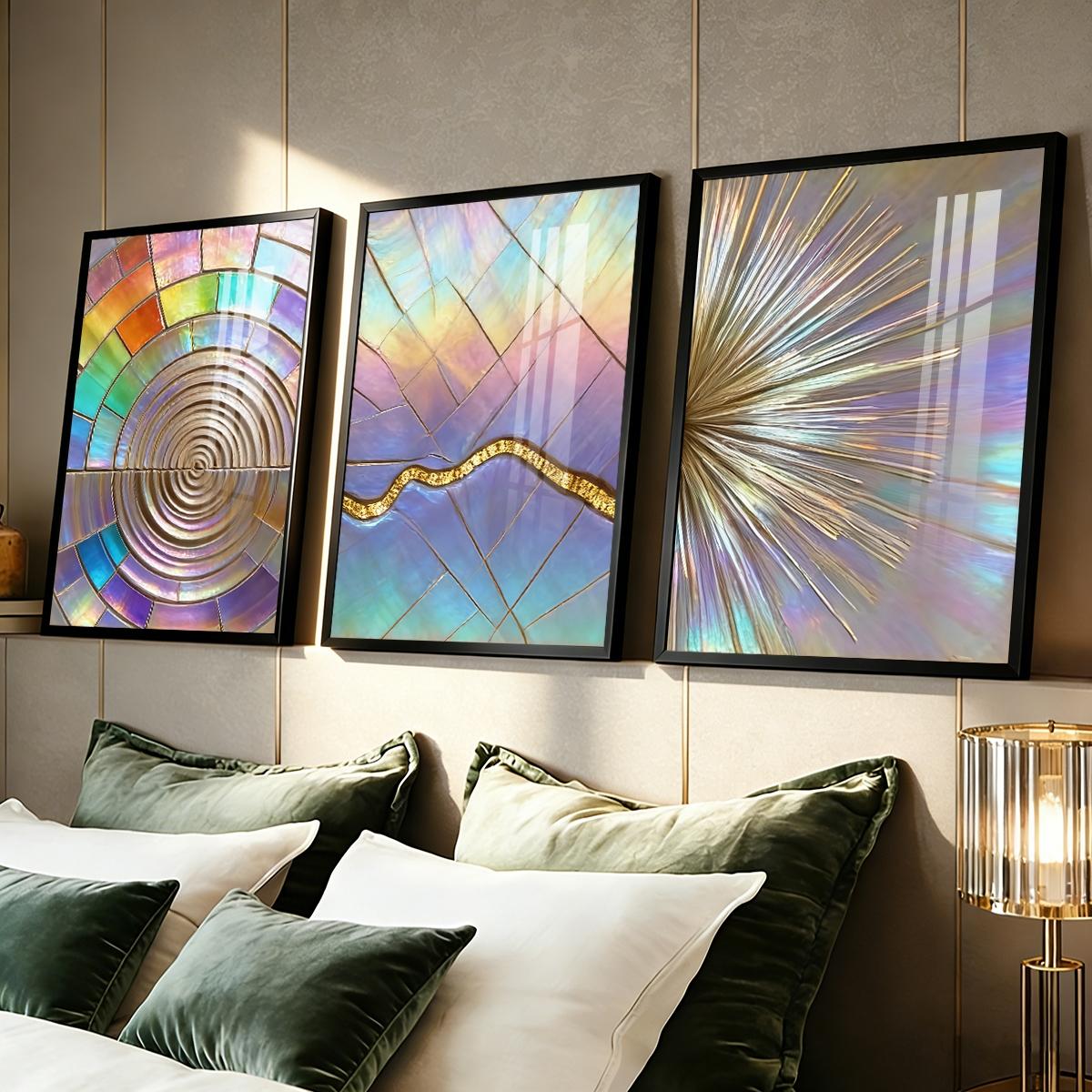 3 Counts Aluminum Alloy Framed Painting, Iridescent Abstract Geometric Art, Home Decoration For Living Room, Bedroom, Office, Restaurant, Hallway Wall Decor, Odorless Print Artwork, Luxury Perfect Gift For Friends And Family