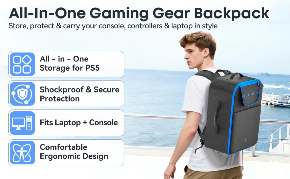 SUNDAY MIRTH Carrying Case Travel Compatible with PS5/ Slim/ Pro, PS5 Durable Airline Approved Backpack Fits 16" Laptop, Protective Travel Bag for Digital/ Disc Game Console, PS5 Accessories for Controller Disk Cable, Laptop Bags