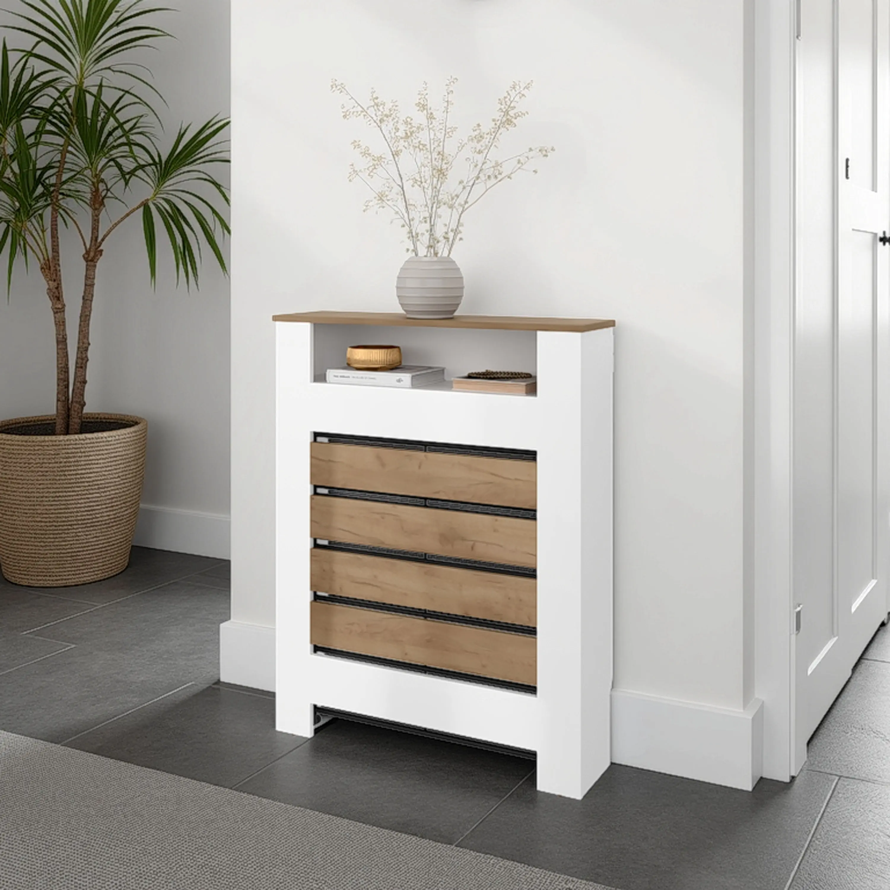 Nokaa Radiator Cover Cabinet with 1 Shelf, White/Walnut Finish, Engineered Wood, 31.5"W x 8.3"D x 40.2"H, Conceals Heating Unit, Home Office Storage, Multi-Color Option