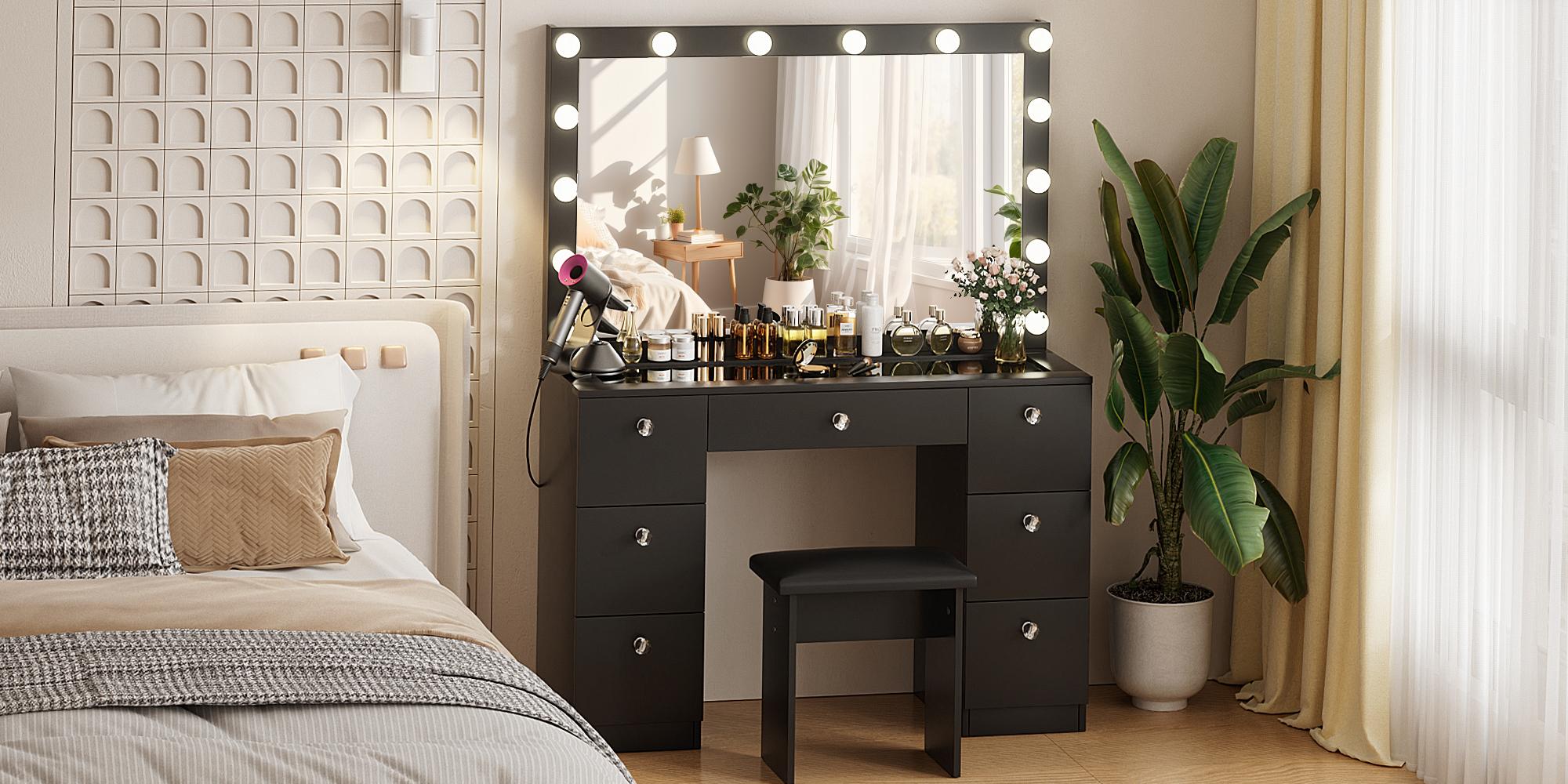 【Black Friday】VOWNER Modern Makeup Vanity Desk with Lighted Mirror and Stool,Makeup Table Sets with Drawers and Glass Desktop, Furniture Bedroom vanity mirror