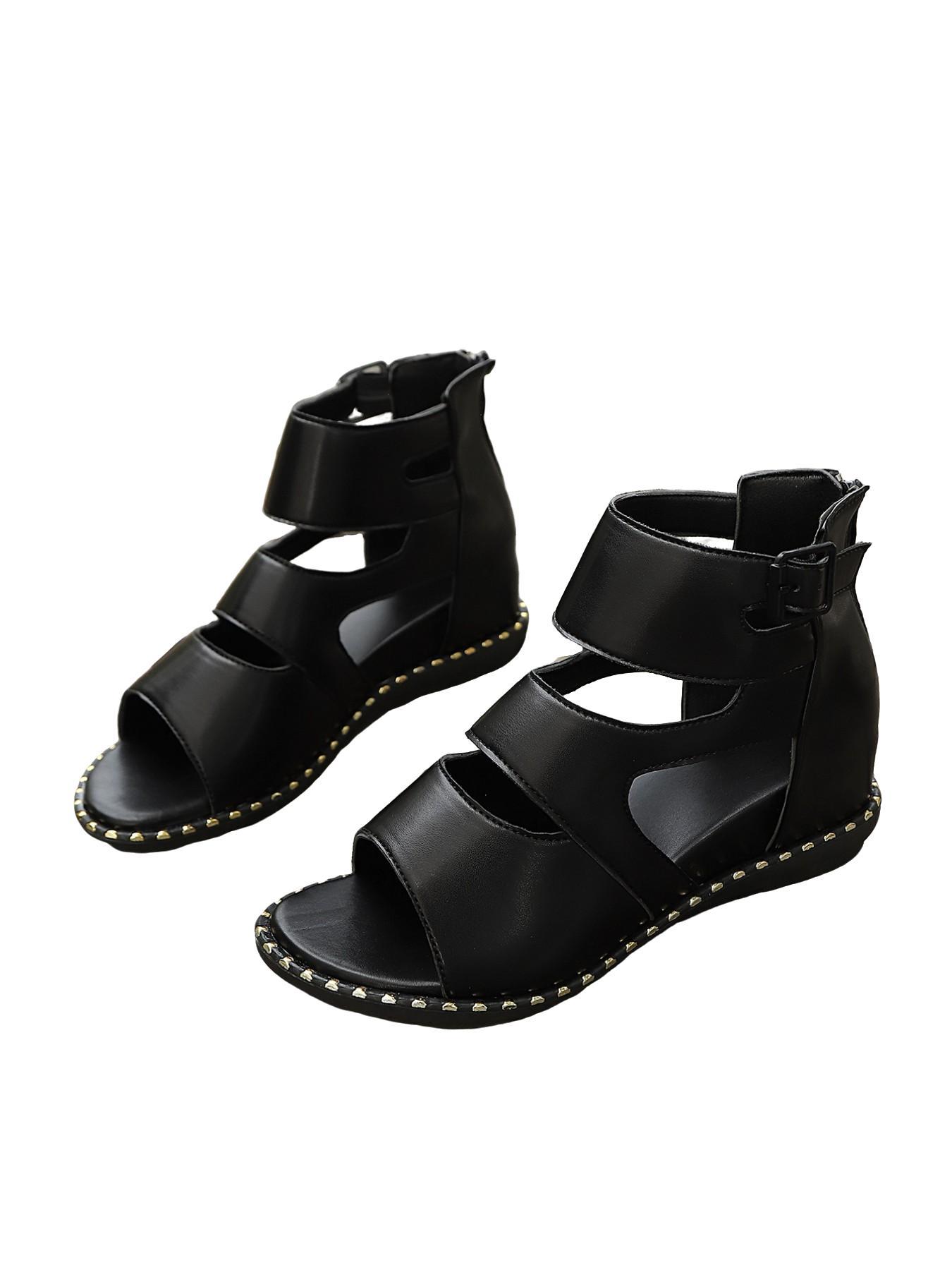 Summer Roman Wedge Sandals for Women, Dressy Open Toe with Back Zipper, Cutout Design, Thick Sole, Rivet Detail, Versatile Women's Sandals, Embellished Sandals