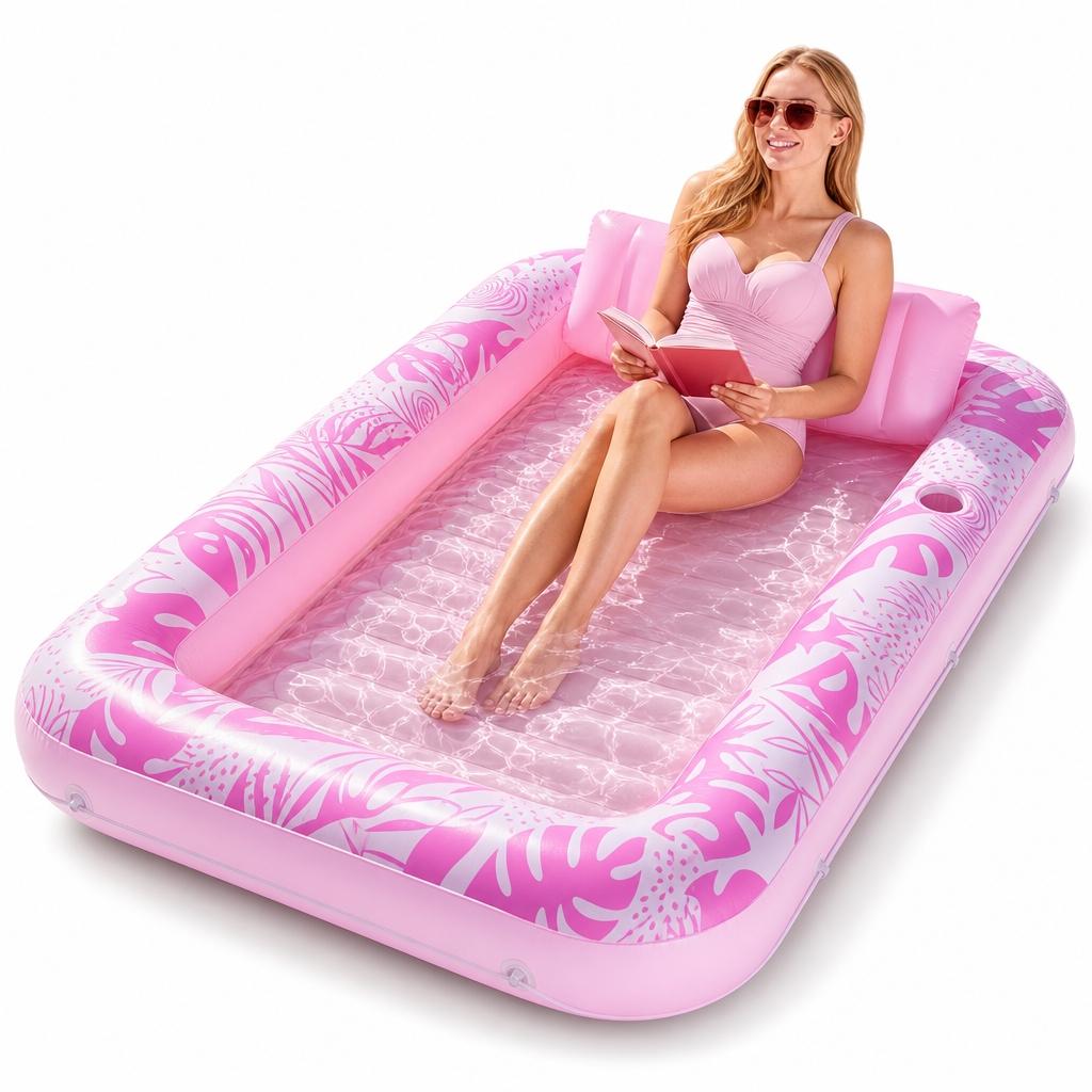 Inflatable Sun Lounger Float Ring with Cup Holder, 70x46 Inch Extra Large Adult Float with Pillow, 4-In-1 Pool Float, Party Gift