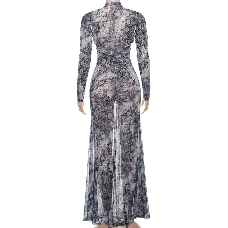 DOUCIU Mature Sexy Hot Nightclub Bar Party Social Women'S Thin Mesh Printed See Though  Long Draped Straight Long-Sleeved Dress