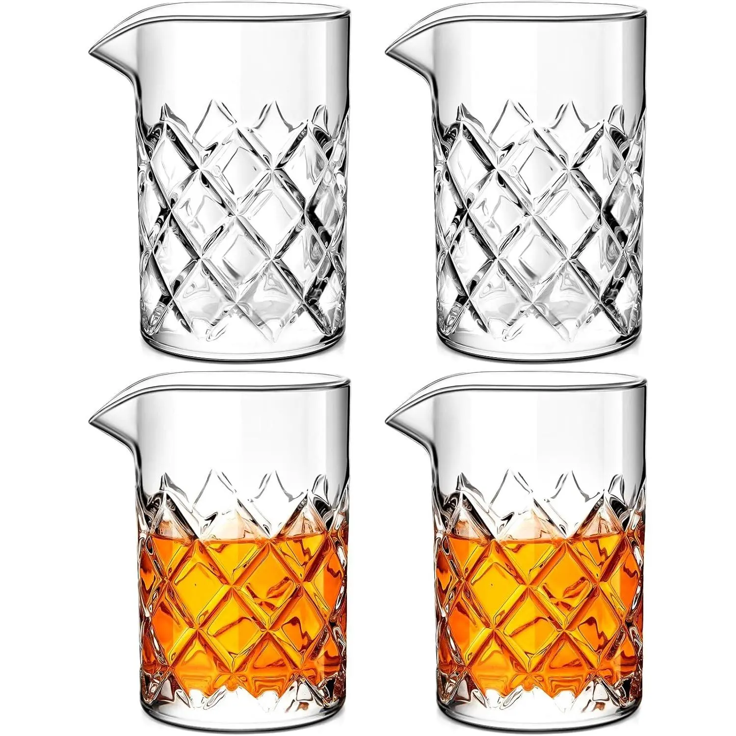 4 Pcs Cocktail Mixing Glass 17 oz Crystal Stirring Glass Thick Bottom Seamless Cocktail Pitcher for Home Bartender Bar Whiskey Martini Drink Shaker Accessories (Grid)
