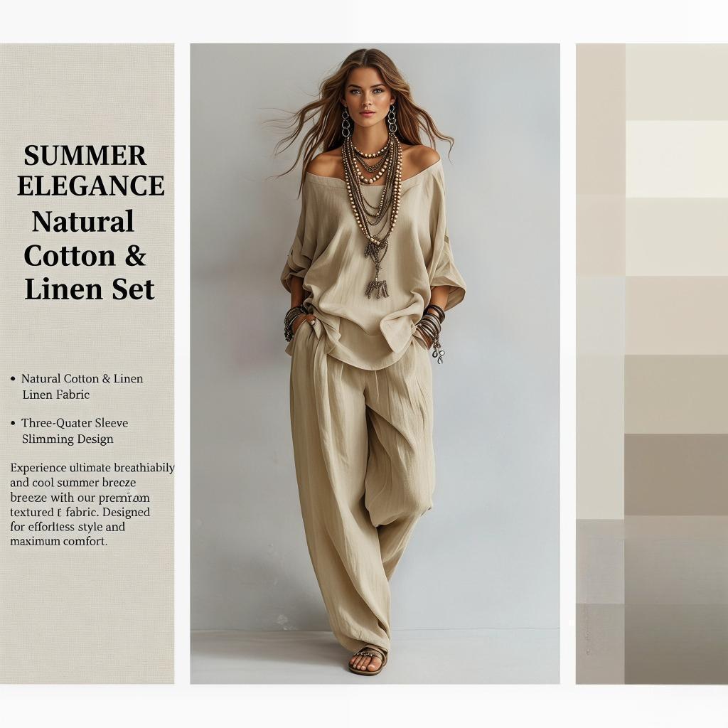 Women's 2-Piece Set, Summer New Casual Elegant Commuting Outfit with Loose 7-Quarter-Sleeved Top and Wide-Leg Pants Women's 2-Piece Set, Summer New Casual Elegant Commuting Outfit with Loose 7-Quarter-Sleeved Top and Wide-Leg Pants