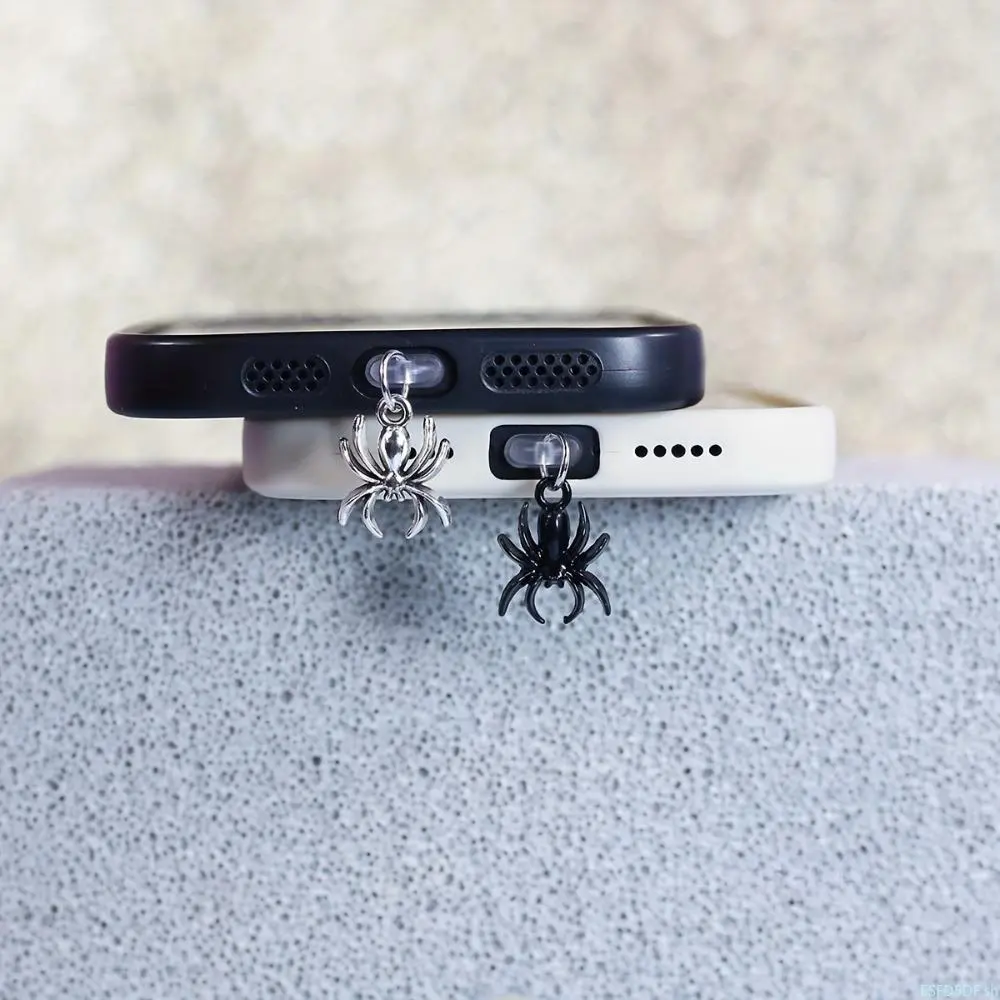 Black Antique Silver Spider Design Durable Compact Charm Plug - Universal Lightning/C-Type Dust Proof Dual-Use Phone Charm & Anti-Dust Charging Port Stopper, Gothic Punk Retro Personalized Protection DIY Bag Accessory for Women