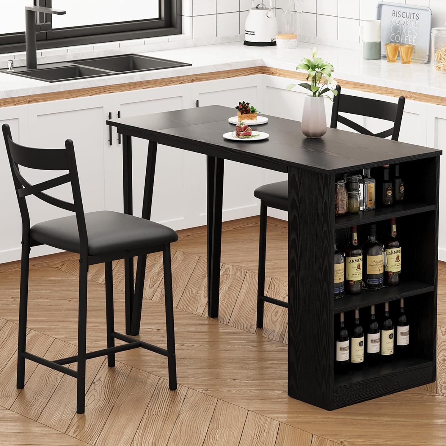 3-Piece Dining Table Set, Counter Height Kitchen Table Set for 2 with 3 Storage Shelves, Expandable Bar Table with 2 Cushioned Chairs for Small Spaces, Apartment