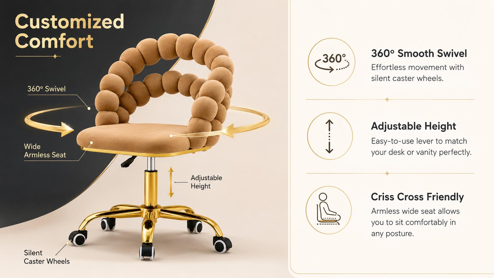 Velvet Bubble Back Criss Cross Swivel Chair with Wheels - Adjustable Ergonomic Chair, Gold Base, Gold Accent Glam for Makeup Room, Bedroom Vanity Desk