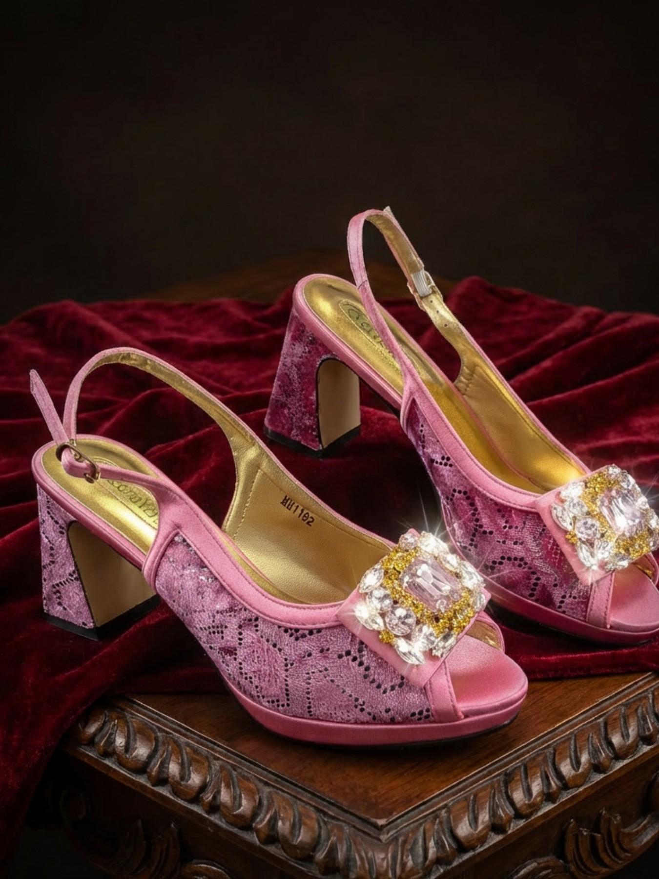 2026 New Designer Fashion Open-Toe High Heels, Elegant Party Olive Color Diamond Decorated Slip-On Shoes, Italian Shoe Bag Set