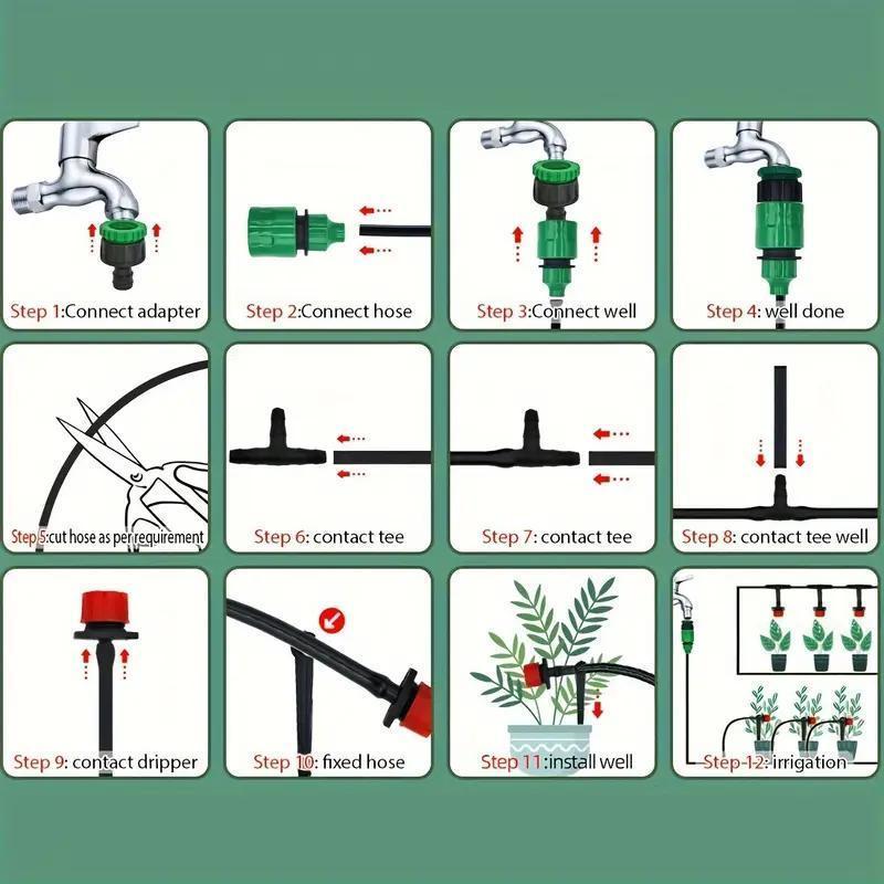 Automatic Drip Irrigation Kit, Micro Drip Irrigation System, Adjustable Drippers, Universal Thread Connectors, No Power Required
