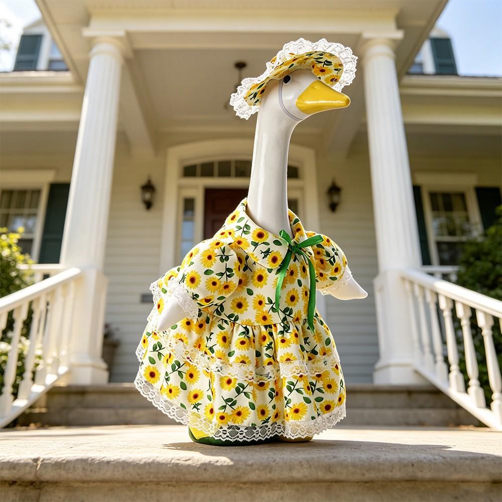 Spring Porch Goose Sunflower Print Decorative Dress, Suitable for 23-Inch Cement Goose Statue, Summer Outdoor Garden Lawn Patio Decoration Set