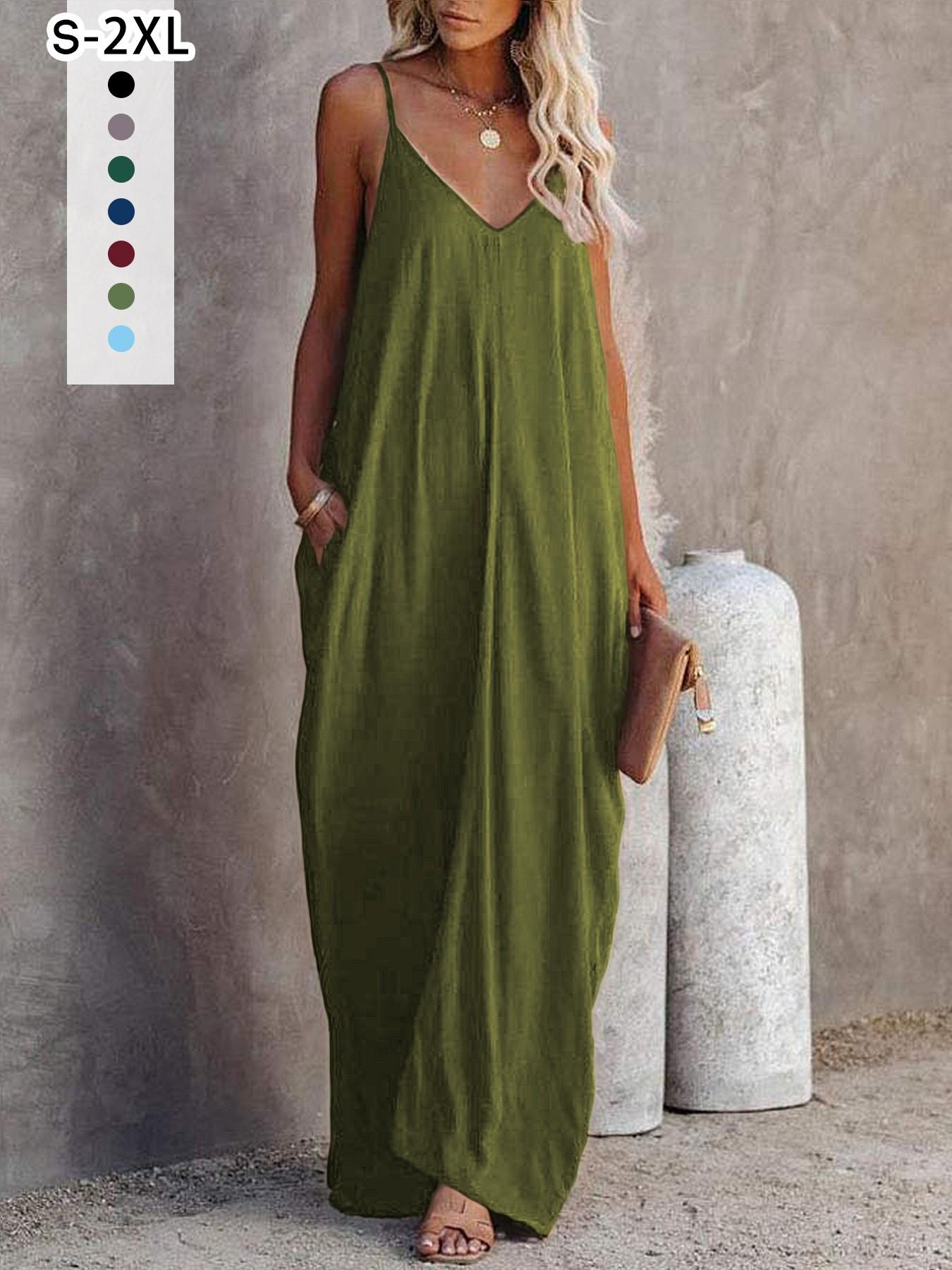 Women's Summer Casual Sleepwear Loungewear Slips Dress, Sleeveless V-Neck Long Dress with Side Pockets, Wearable Outdoors, 1 Piece Set