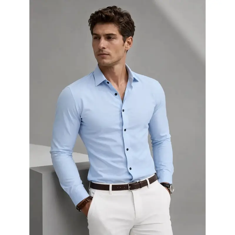 Men's Performance Stretch Collared Dress Shirt, 145g Lightweight Cool-Silk Cotton Feel, 4-Way Stretch Slim Fit, Wrinkle-Free Business Casual Shirt, Long Sleeve, Business Lapel Shirt