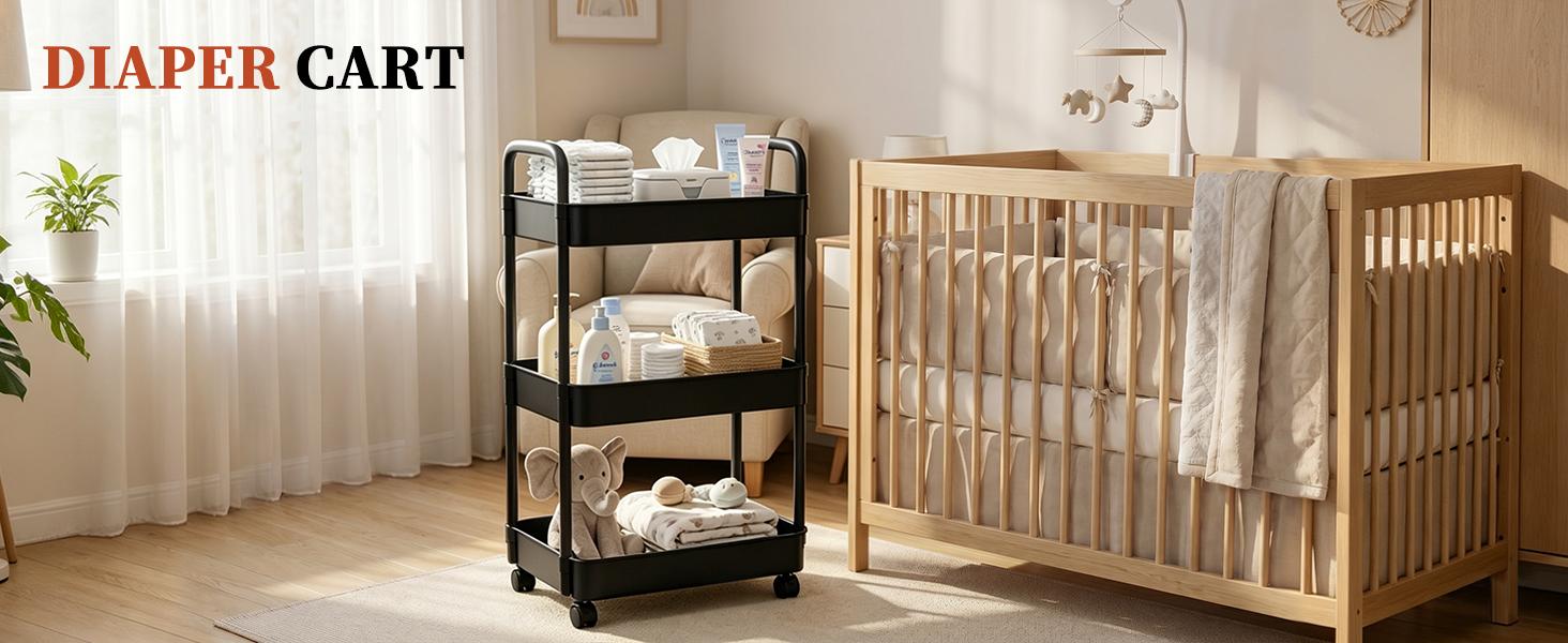 3 Tier Bamboo Rolling Utility Cart with Wheels - Lightweight, Compact Plastic Basket Storage Rack, Easy Installation Mobile Organizer for Baby Nursery, Kitchen, Bathroom, Locking Wheels