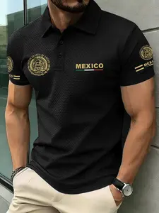 Men's Casual Short Sleeve Polo Shirt, Classic Mexico Icon Design, Breathable Elastic Fabric, Perfect for Daily Wear and Outdoor Activities