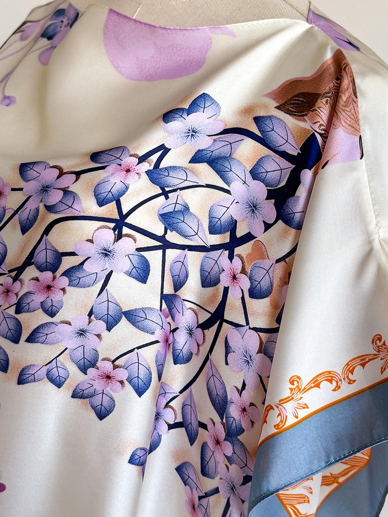 Women's Floral Print Robe Set, Casual Fashion Long Dress + Headscarf Scarf Hairband, Beach Sun Protection Satin Silk Shawl