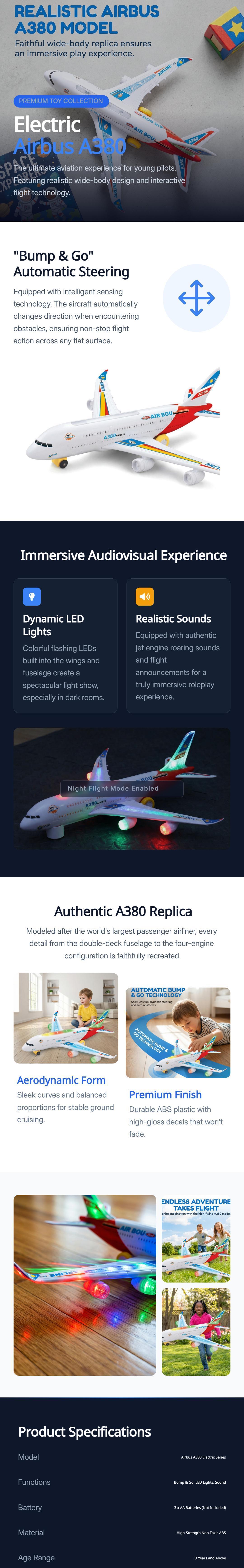 Unisex A380 Model RC Airplanes - Electric Light Up Kids Toys, Bump & Go Auto Turn, Realistic Sounds, Miniature Radio-Controlled Aeroplanes for 3-4 Years Old Transportation-Themed Aircraft, Lights