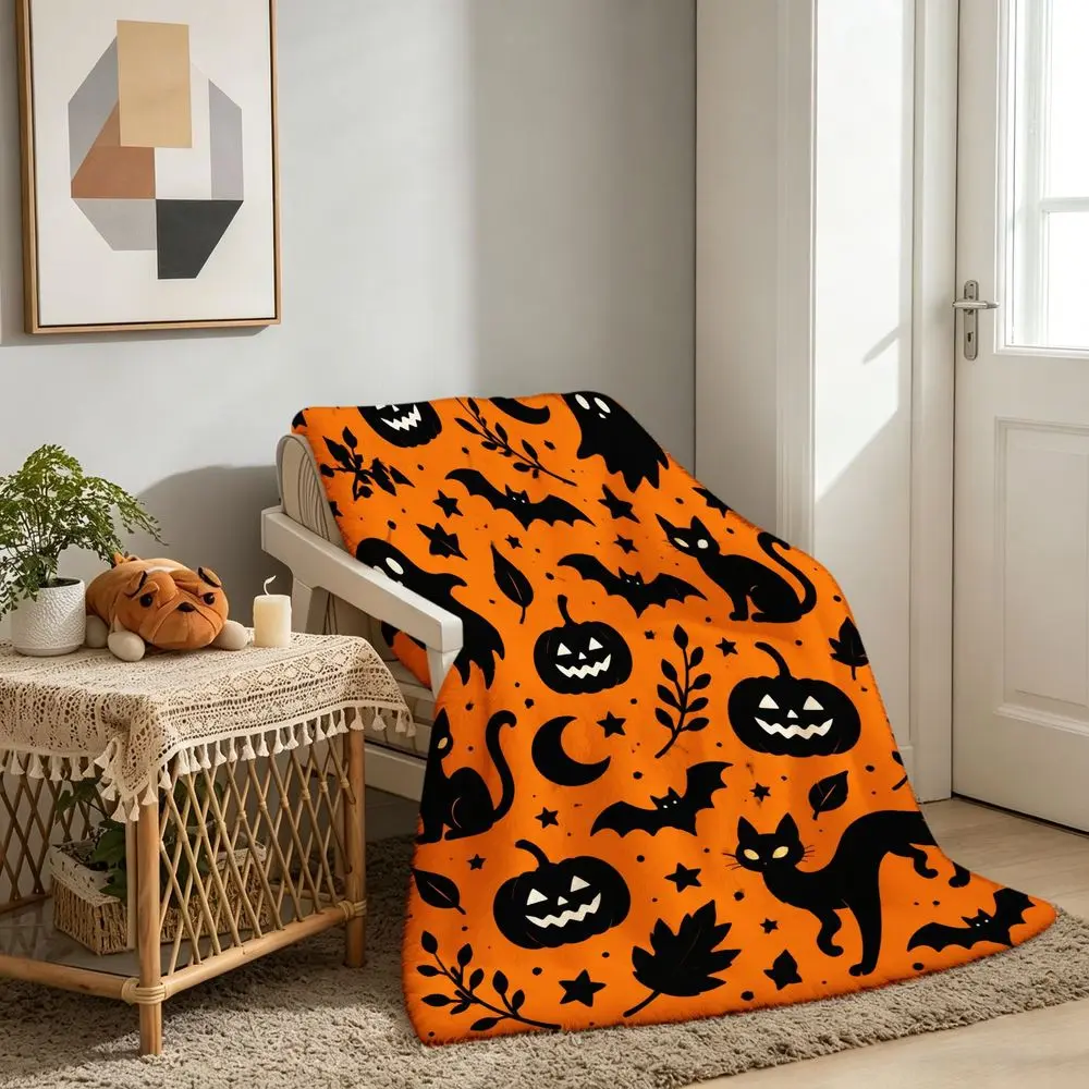 YHFZ Halloween Anti-Slip Flannel Blanket - Soft, Hypoallergenic, Cozy Texture Throw with Pumpkin, Cat, Bat Patterns for Bed, Sofa - Living Room Decor, Home & Travel Holiday Gift