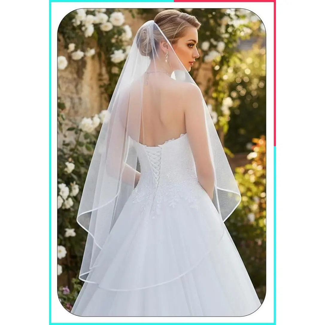Classic 1 Tier Bridal Wedding Veil, Fingertip & Knee Length, Tulle with Comb and Ribbon Edge for Women