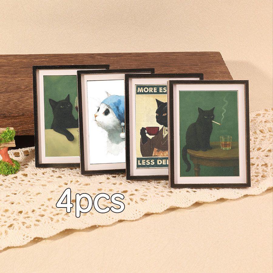 4 Pcs Fun Cat Refrigerator Magnets, Mini Frame Magnet Set, Home & Festival Decor, Perfect Holiday Gift, Creative Kitchen Accessories