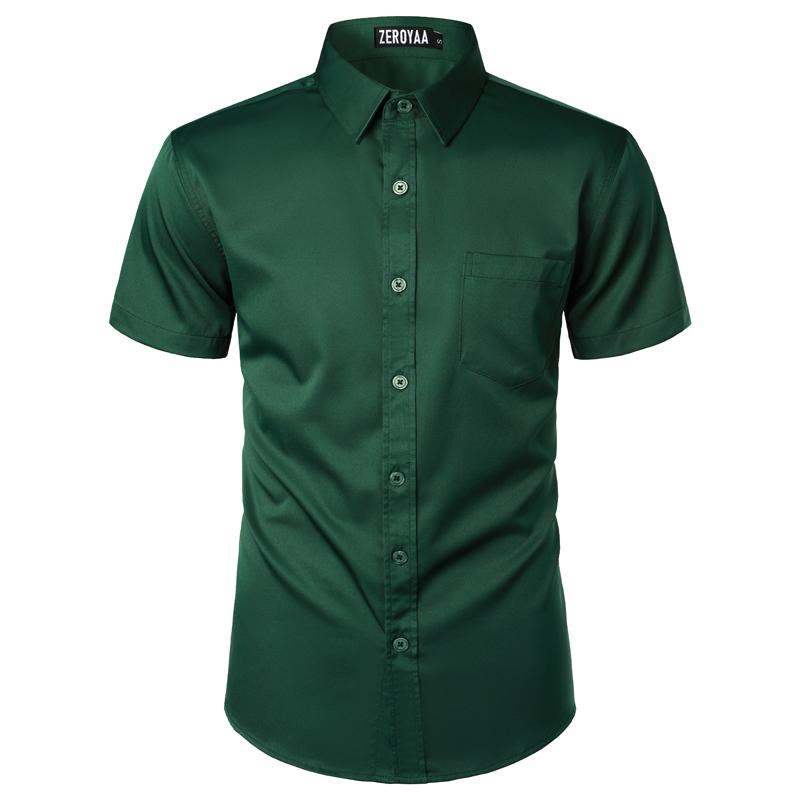 ZEROYAA Men's Casual Urban Stylish Slim Fit Short Sleeve Button Up Dress Shirt with Pocket Fabric Top Summer Outfits Men Plain Menswear Beige Tropical Vneck