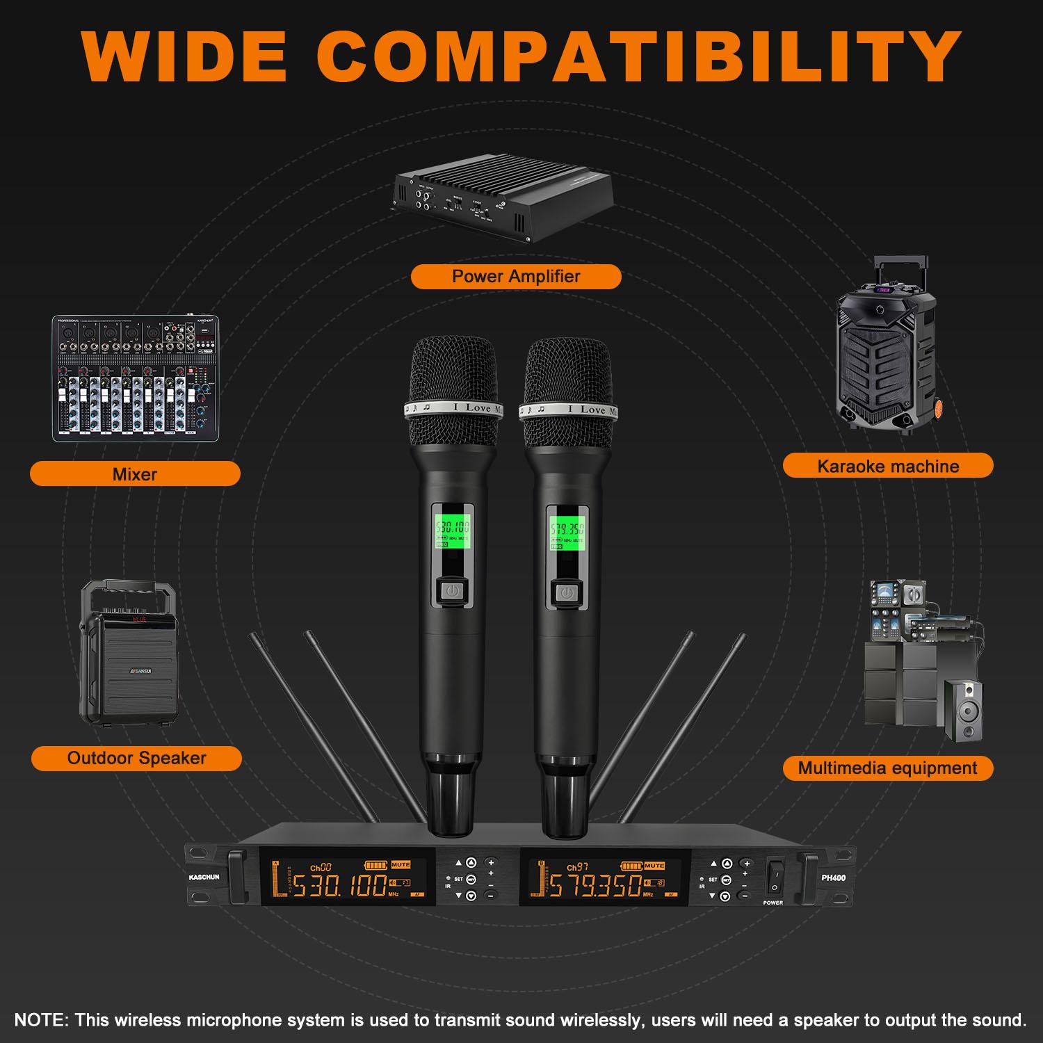 Kaschun Professional 2-Channel Wireless Microphone System, 328ft Long Range, Auto-Scan, 200 Adjustable Frequencies, Dual Handheld Mics for Karaoke, Church, DJ, Party, Singing