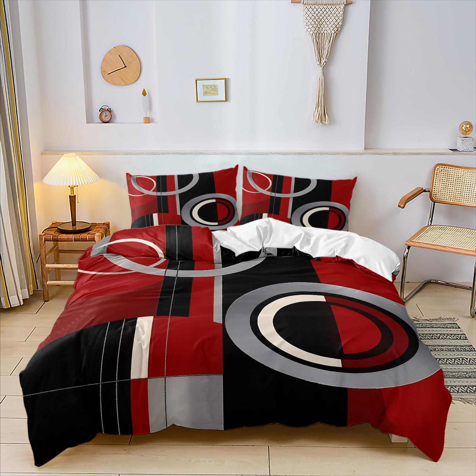 Modern Abstract Geometric Circle Stripe Print Duvet Cover Set, Includes 1 or 2 Pillowcases+1 Duvet Cover, Red Black Grey Block Design, Contemporary Urban Bedroom Decoration, Gift for Geometric Art Lovers