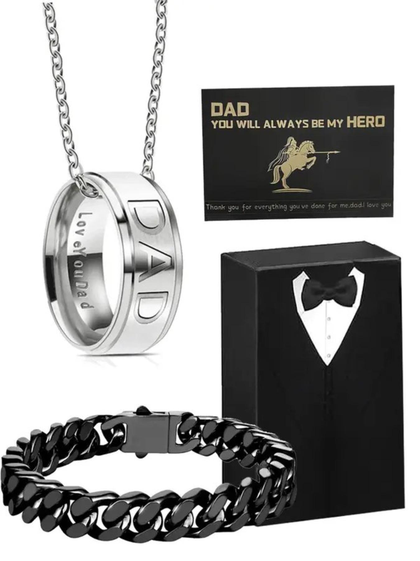 Father's Day Gift Set, 4-Piece Fashion Dad Ring Necklace with Luxury Box, Stainless Steel Jewelry for New Fathers
