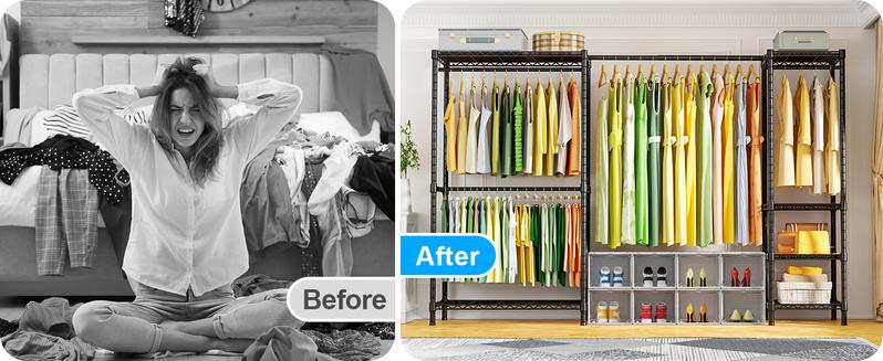 Ulif E10 Clothes Rack（With Stretchable Hanger Rod）Freestanding Clothing Racks for Hanging Clothes，Adjustable Closet Organizer System，Portable Garment Rack 73-97"W x 15" D x 72" H，Max Load 800LBS，Black Pastel