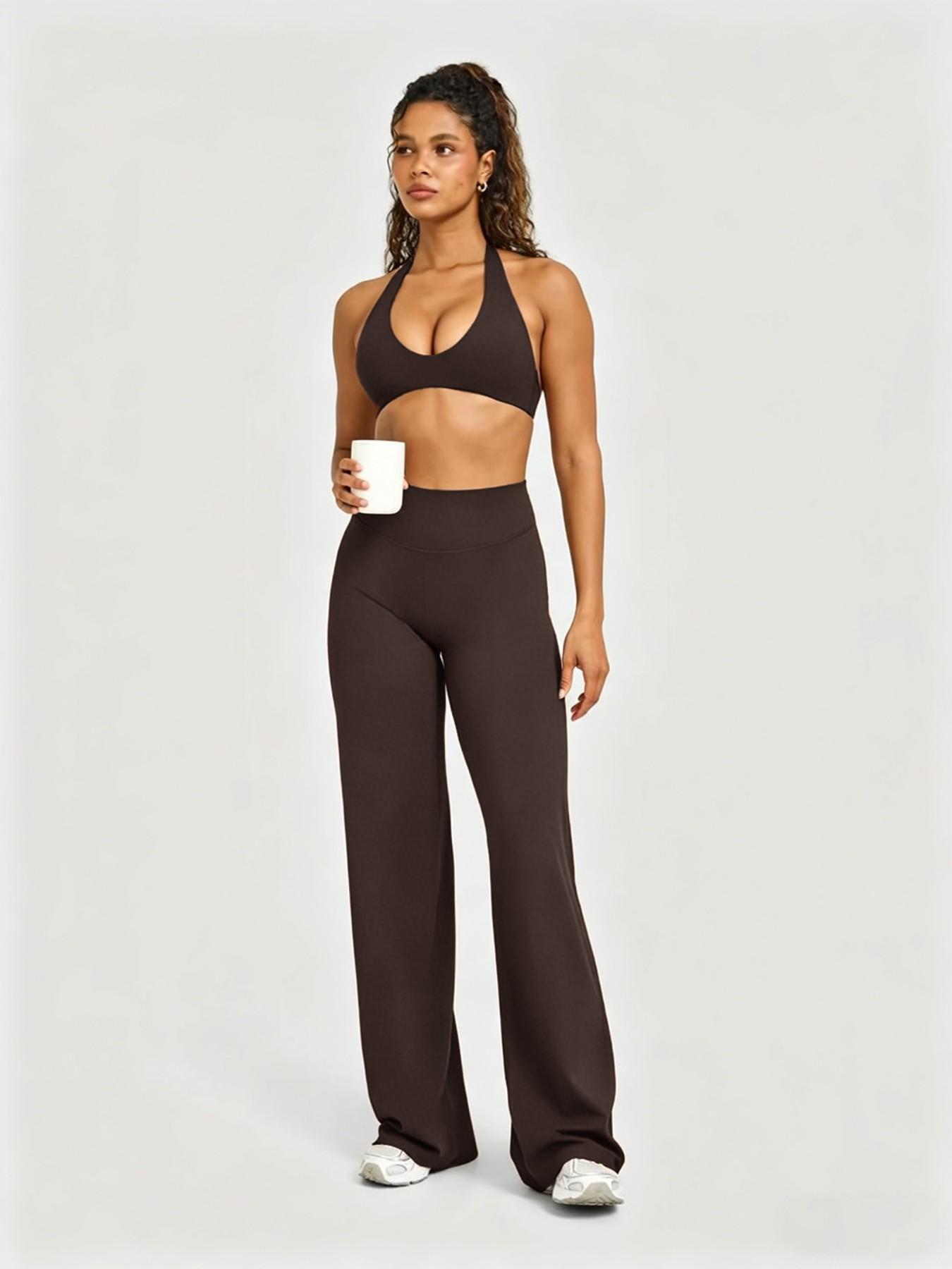 Nude Seamless Fitness Set, Halter Back Gathered Tank Top, High Waist Tummy Control Wide Leg Pants, Casual Sportswear Two-Piece Set