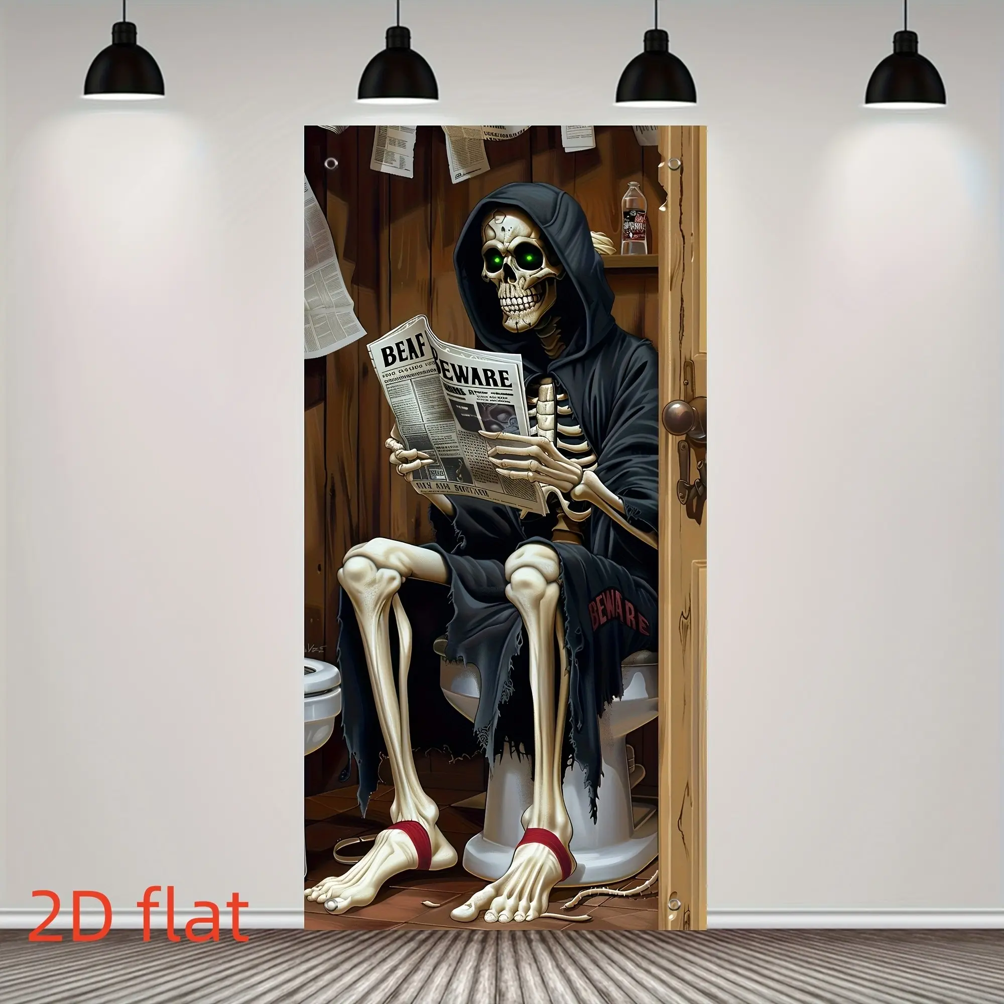 2D Flat Funny Skeleton Halloween Banner, Spooky Skeleton Reading Newspaper Tapestry, Horror Wall Hanging Decor for Halloween Party, Indoor Outdoor Home Door Bedroom Decoration