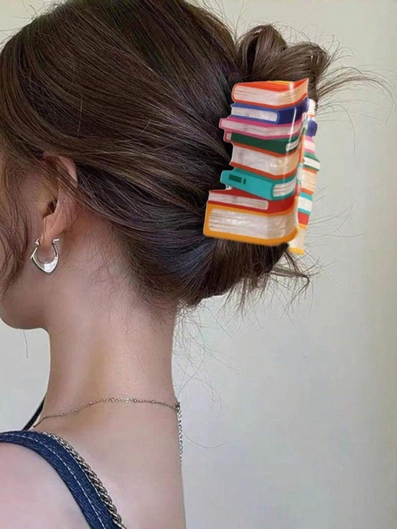 1/5-Pack Creative Bookshelf Hair Claw Clip – Cute Rainbow Color Block Acrylic Hair Accessories, Fun Book Lover Aesthetic Claw for Thick Hair, Large Non-Slip Hairpiece Gift for Daily Wear, Travel & Photoshoots
