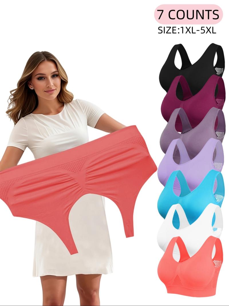 1XL-5XL,Women's Plus Size Wireless Seamless Bra Set, Breathable Hollow Back Crop Top, Wide Strap Basic Bra,All Seasons, Casual Style