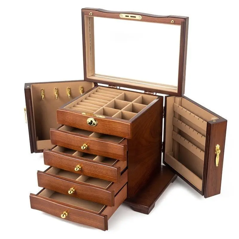 Vintage solid wood jewelry storage box, large capacity, with mirror, lockable jewelry box, anti-oxidation, wedding gift jewelry box