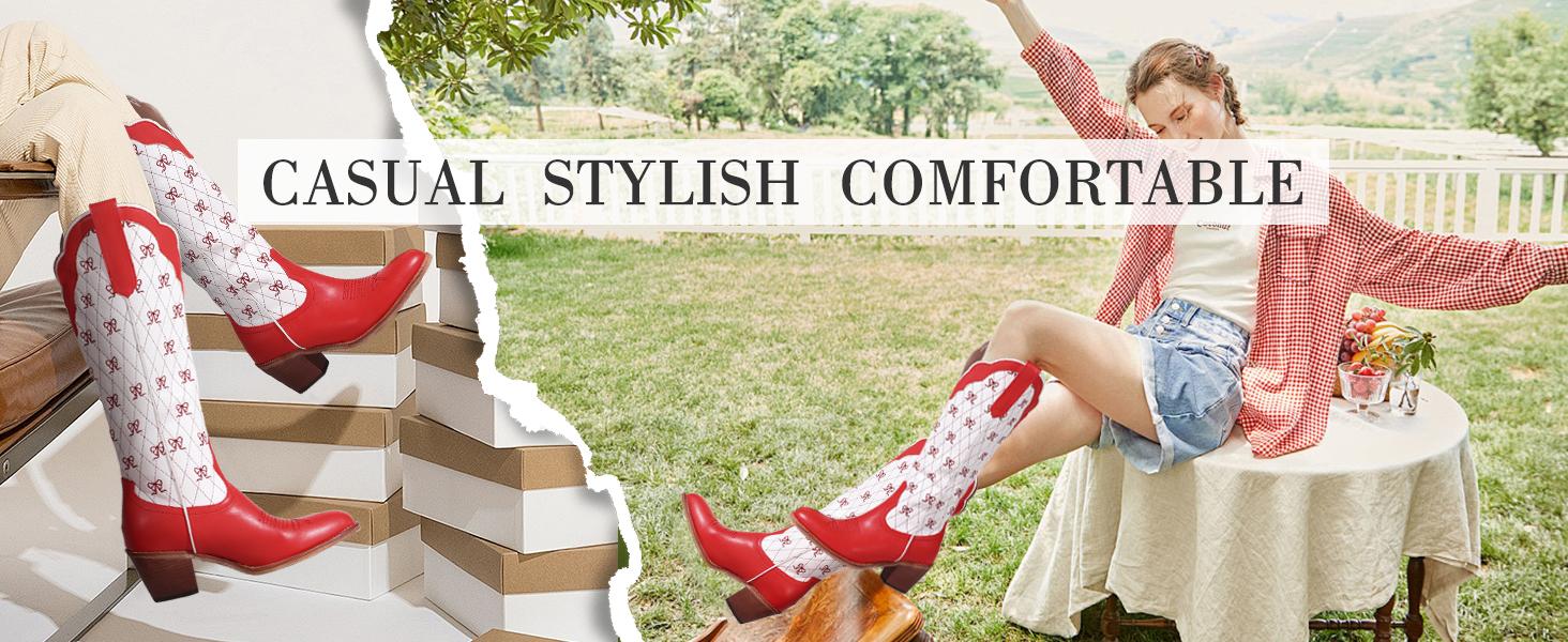 Chic Women's Cowboy Boots | Elegant Bow Embroidery & Color-Block Design on Knee-High Shaft | Pointed Toe & Chunky Heel for a Bold Western Look | Perfect for Prom, Party, or Dressy Casual Occasions.