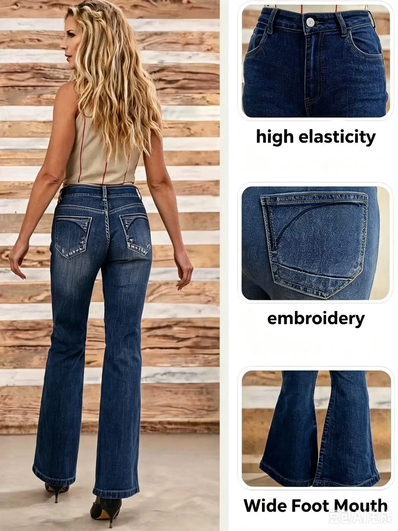 Women's Bell Bottom Denim Woven Jeans with Back Pocket, Simple Embroidery Design, Casual Everyday Long Pants, Fashionable Denim Trousers for Daily Wear