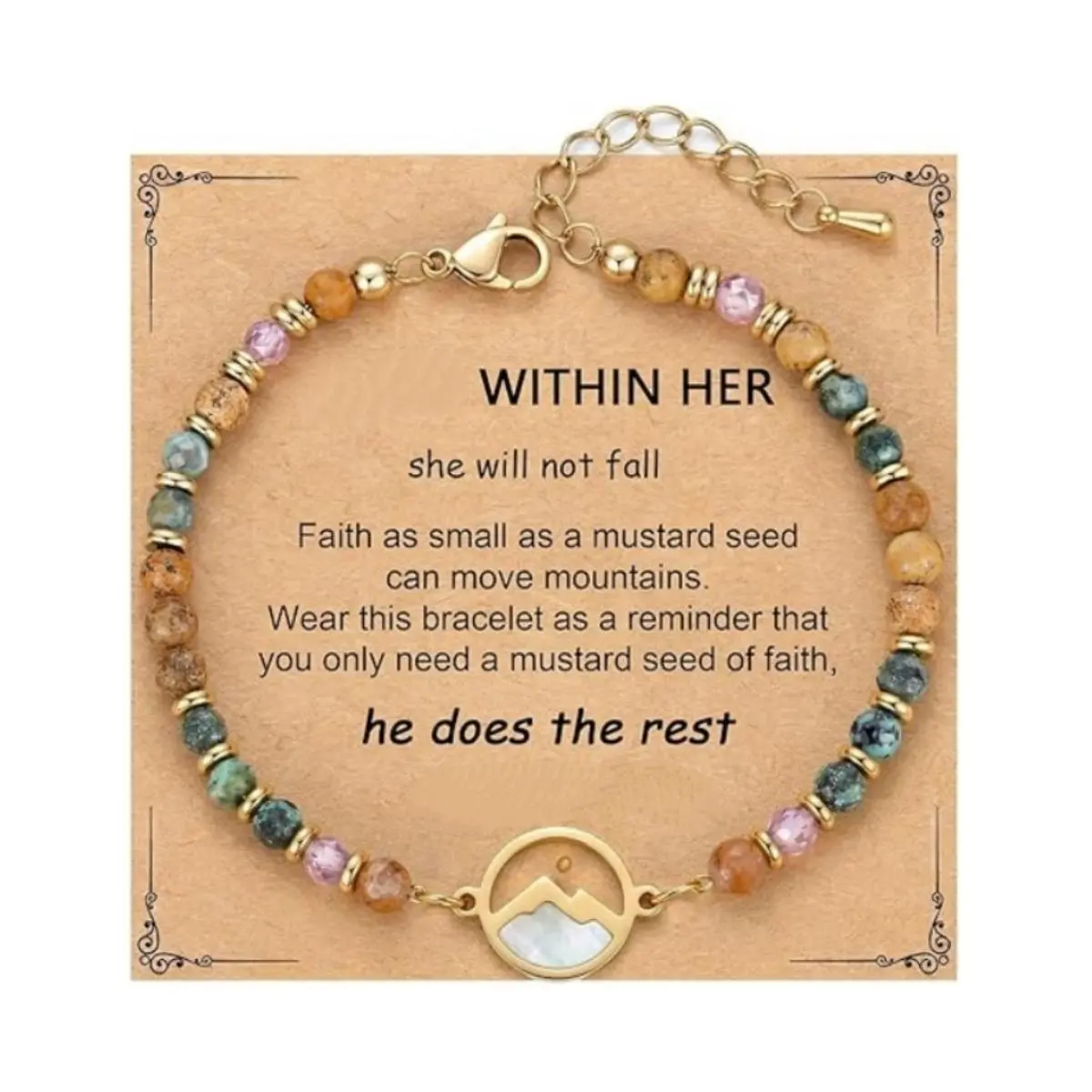 Women’s Christian Mustard Seed Bracelet, Faith Jewelry with “Move Mountains” Pendant, Matthew 17:20 Inspirational Message, Beaded Stretch Bracelet Gift for Prayer, Encouragement & Everyday Wear