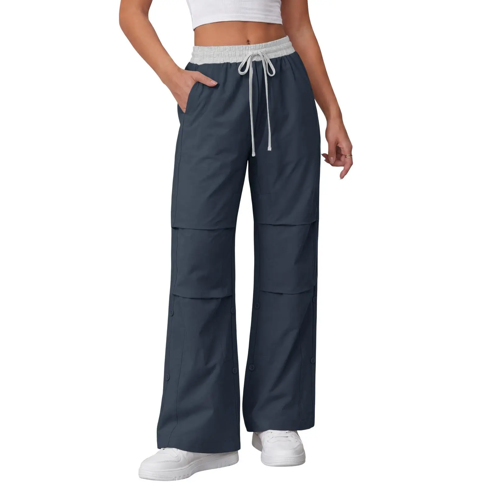 Women's Sporty Chic Cargo Pants, Fitted High Waisted Straight Wide Leg Parachute Pants with an Adjustable Drawstring and Side Buttons, Drawstring Parachute Pants, Lightweight